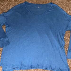 American Eagle Women's Ribbed V-Neck Side Slit Long Sleeve Tunic Top Blue